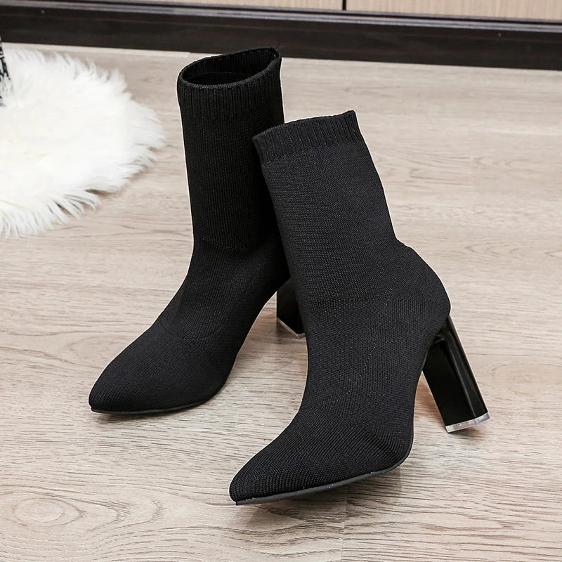 Women Boots Elastic High Heels Boots Breathable Thin Heels Botas Mujer Slip on Ankle Boots Elegant Woman Heeled Shoes D214