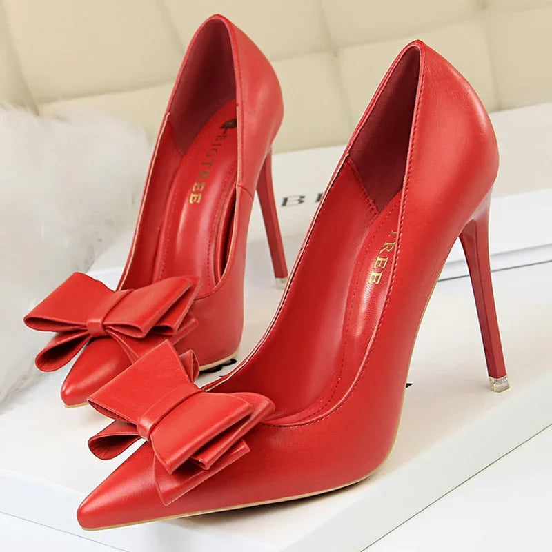 Women Fetish 10.5cm High Heels Blue Pink Pumps Butterfly Knot Leather Stiletto Heels Lady Escarpins Wedding Evening Party Shoes