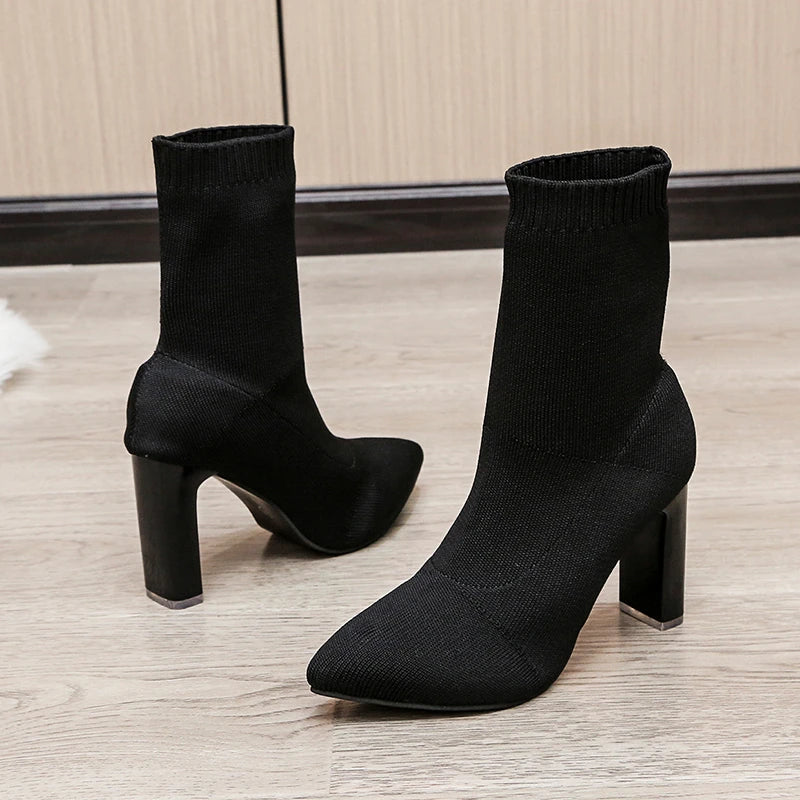 Women Boots Elastic High Heels Boots Breathable Thin Heels Botas Mujer Slip on Ankle Boots Elegant Woman Heeled Shoes D214