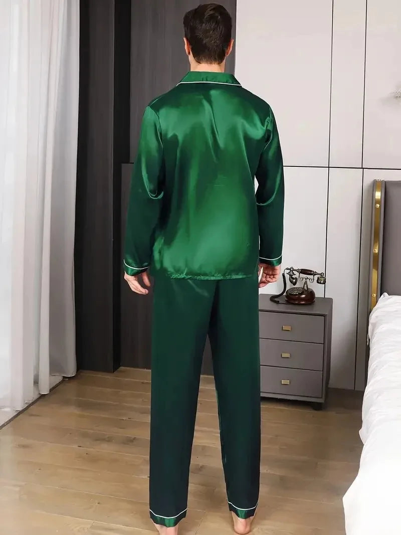 Set de pijamale pentru bărbați, din satin de mătase, cămașă cu mânecă lungă, pijama pentru bărbați, costum moale, pentru acasă, mărime mare, pentru dormit
