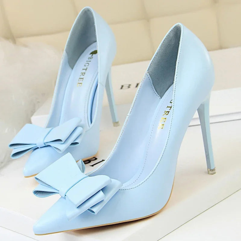 Women Fetish 10.5cm High Heels Blue Pink Pumps Butterfly Knot Leather Stiletto Heels Lady Escarpins Wedding Evening Party Shoes