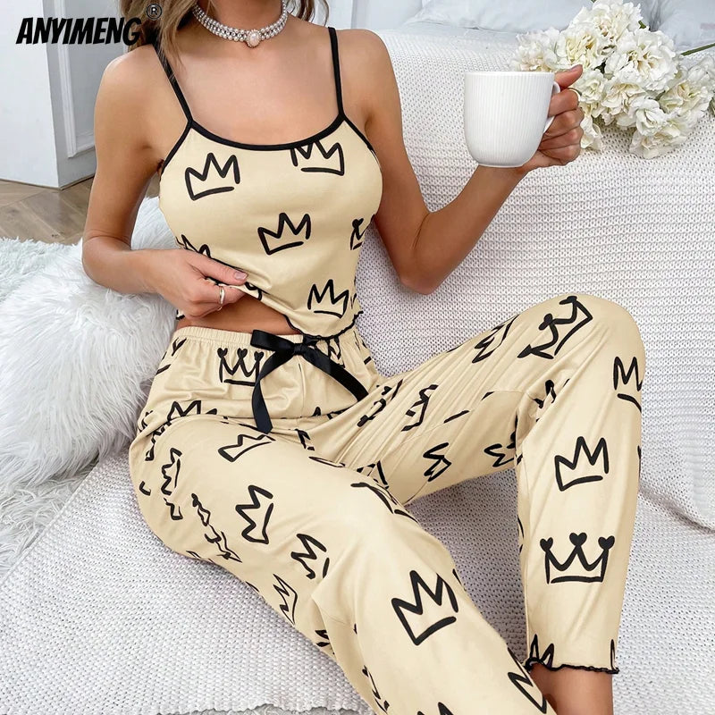 Pijamale din mătase moale, lapte, ocazional, pentru femeie, sexy, cu imprimare de coroană, pentru femei, pijama cu picioare largi, set de pijamale la modă pentru fete