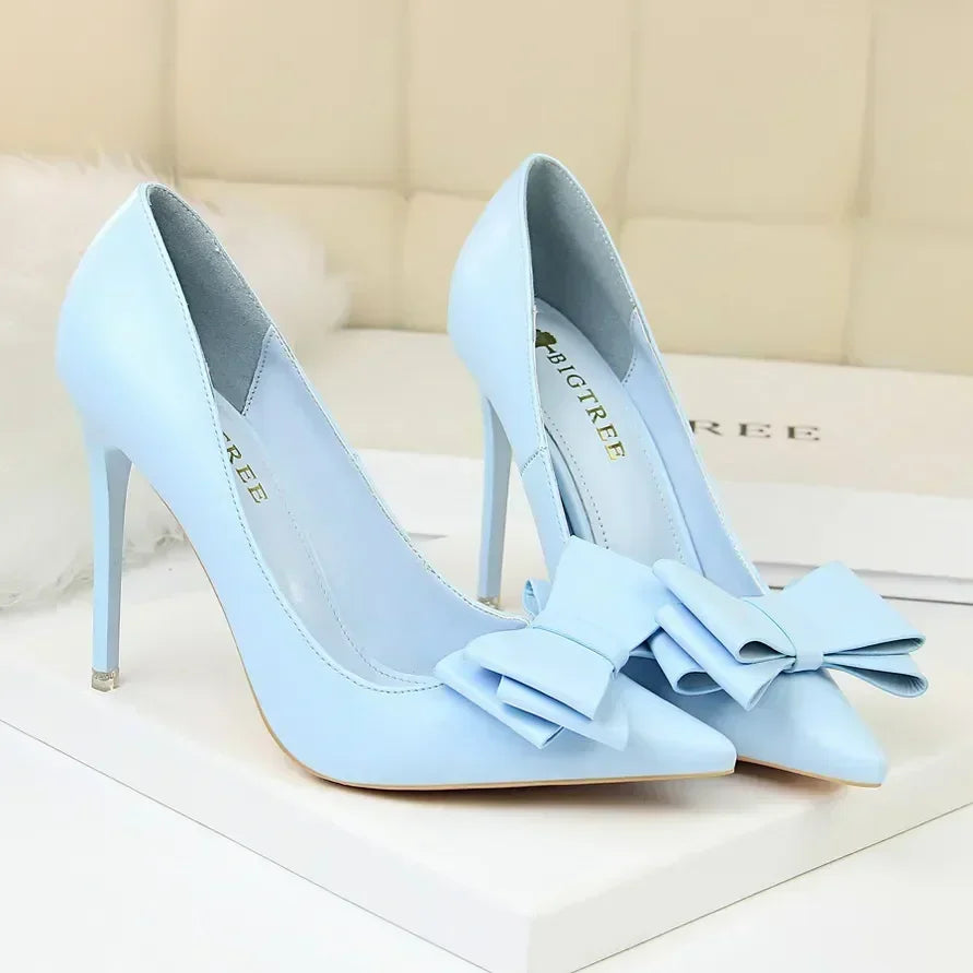 Women Fetish 10.5cm High Heels Blue Pink Pumps Butterfly Knot Leather Stiletto Heels Lady Escarpins Wedding Evening Party Shoes
