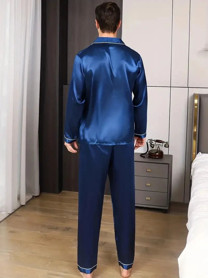 Set de pijamale pentru bărbați, din satin de mătase, cămașă cu mânecă lungă, pijama pentru bărbați, costum moale, pentru acasă, mărime mare, pentru dormit