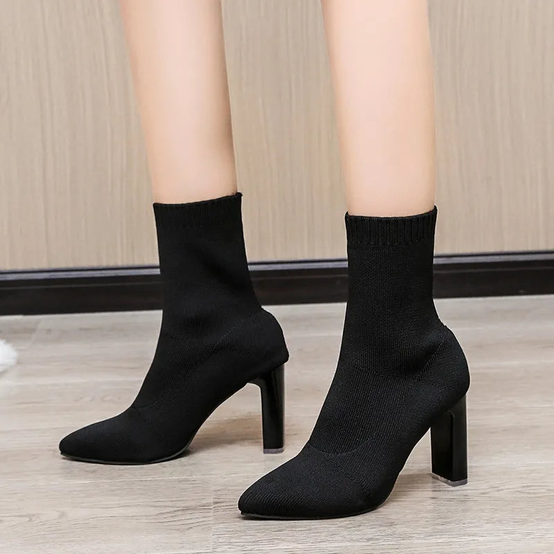 Women Boots Elastic High Heels Boots Breathable Thin Heels Botas Mujer Slip on Ankle Boots Elegant Woman Heeled Shoes D214