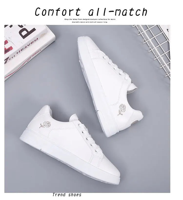 Women Casual Shoes New Spring Fashion Embroidered White Breathable Flower Lace-Up Sneakers 2023