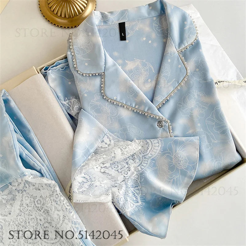 Pijamale de lux din satin de mătase pentru femei Set de 2 bucăți Set de dantelă de mărgele de modă Îmbrăcăminte pentru acasă Costume de pantaloni de primăvară Nouă îmbrăcăminte de salon liber
