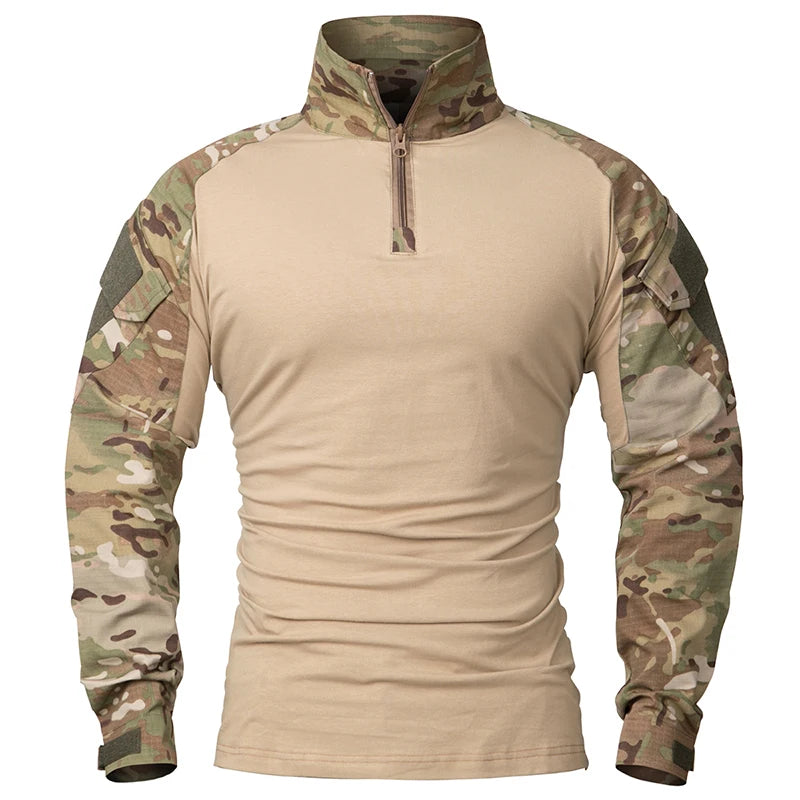 Cămașă de luptă cu mânecă lungă pentru bărbați, cu fermoar 1/4, din bumbac Ripstop, cămăși tactice, albastru marin Camouflage, Airsoft