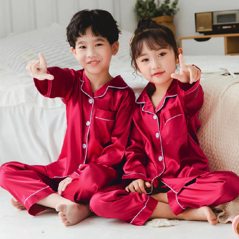 Set de pijamale din satin de mătase pentru copii, pijama pentru copii, pijama de culoare solidă, costum pentru băieți, fete, set de somn pentru toamnă pentru copii