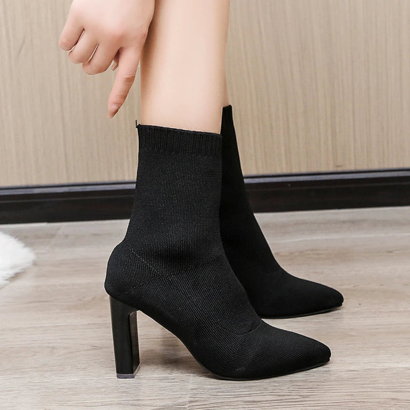 Women Boots Elastic High Heels Boots Breathable Thin Heels Botas Mujer Slip on Ankle Boots Elegant Woman Heeled Shoes D214