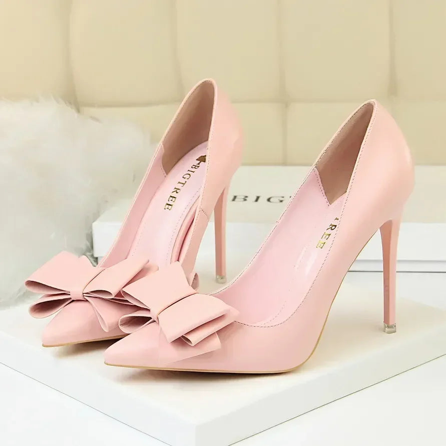 Women Fetish 10.5cm High Heels Blue Pink Pumps Butterfly Knot Leather Stiletto Heels Lady Escarpins Wedding Evening Party Shoes