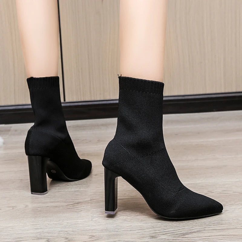 Women Boots Elastic High Heels Boots Breathable Thin Heels Botas Mujer Slip on Ankle Boots Elegant Woman Heeled Shoes D214
