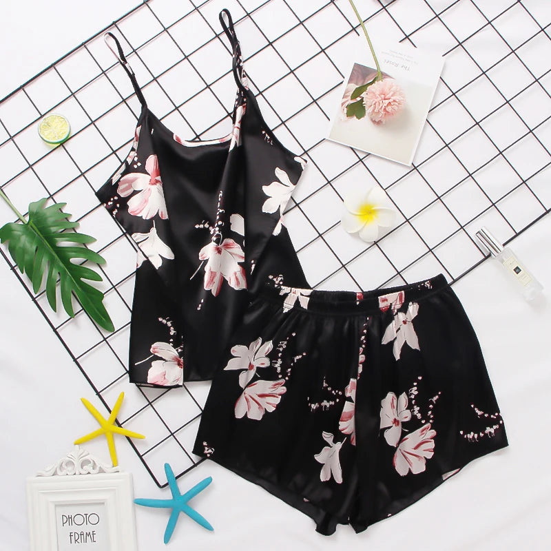 Pijama Satin Mătase Dantela Cami Vest Pantaloni scurți Lenjerie Set pijamale Vară Femei Seturi Pijamale Set două piese Pijama pentru femei