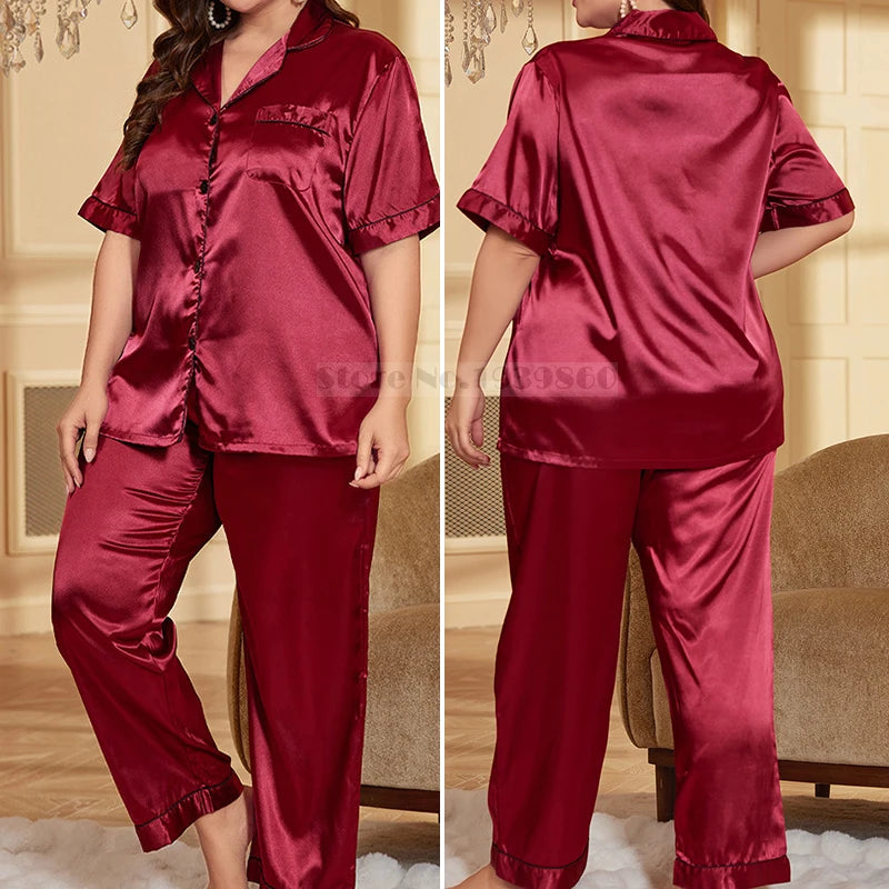 Set pijamale pentru femeie de marime mari, primavara vara, satin de matase, pijama, pantaloni, costum, lejer, 2 buc. cămașă și pantaloni, îmbrăcăminte pentru acasă