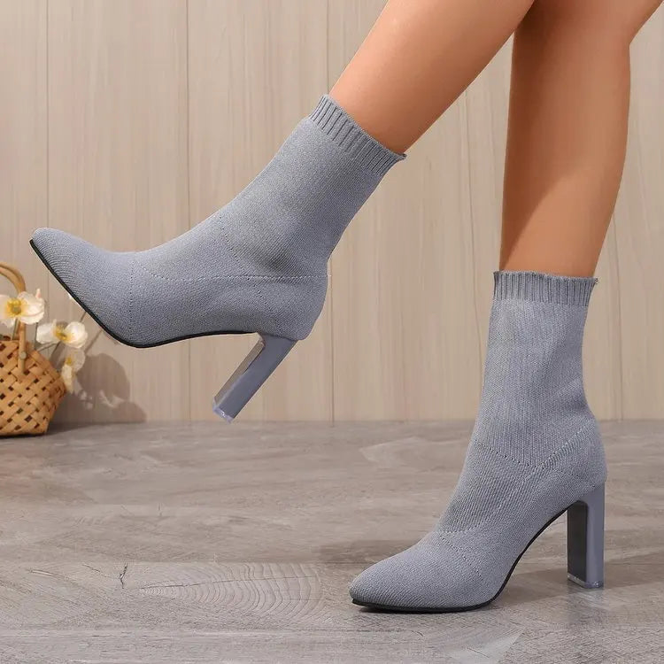 Women Boots Elastic High Heels Boots Breathable Thin Heels Botas Mujer Slip on Ankle Boots Elegant Woman Heeled Shoes D214
