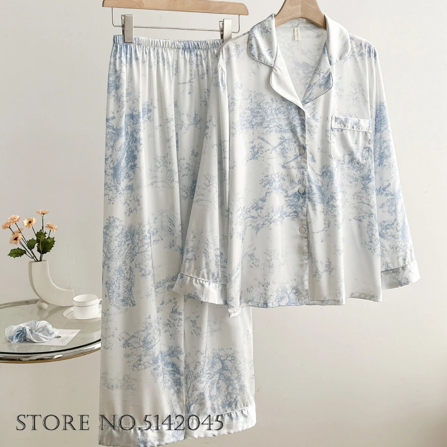 Pijamale de lux din satin de mătase pentru femei Set de 2 bucăți Set de dantelă de mărgele de modă Îmbrăcăminte pentru acasă Costume de pantaloni de primăvară Nouă îmbrăcăminte de salon liber