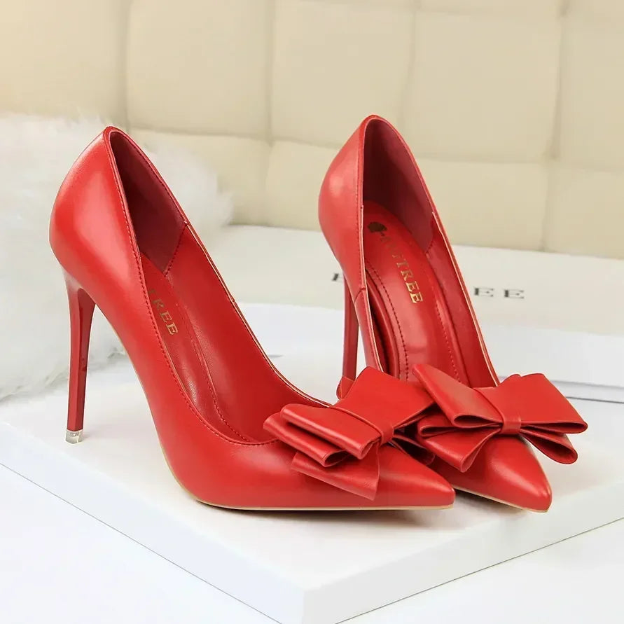 Women Fetish 10.5cm High Heels Blue Pink Pumps Butterfly Knot Leather Stiletto Heels Lady Escarpins Wedding Evening Party Shoes