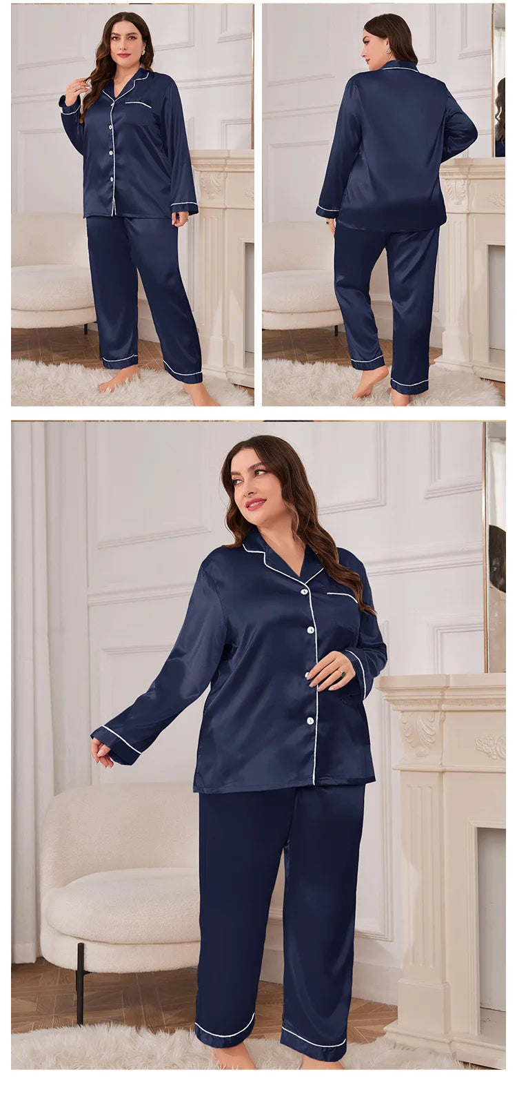 Set pijamale pentru femeie de marime mari, primavara vara, satin de matase, pijama, pantaloni, costum, lejer, 2 buc. cămașă și pantaloni, îmbrăcăminte pentru acasă