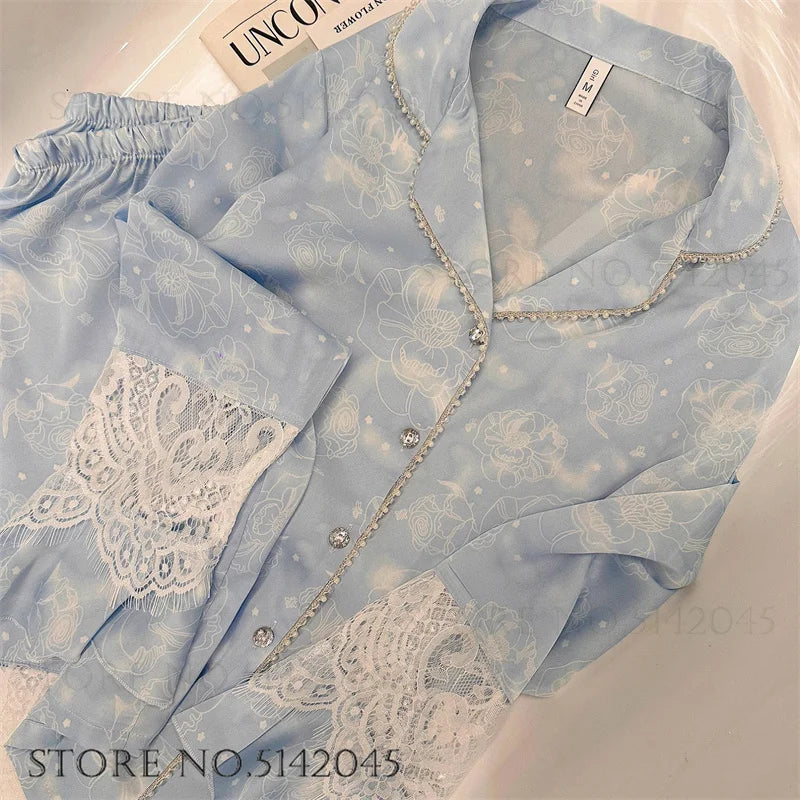 Pijamale de lux din satin de mătase pentru femei Set de 2 bucăți Set de dantelă de mărgele de modă Îmbrăcăminte pentru acasă Costume de pantaloni de primăvară Nouă îmbrăcăminte de salon liber