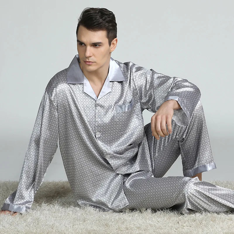 Pijamale bărbați 2 buc. Set de lenjerie de dormit primăvară toamnă pantaloni cu mâneci lungi costum pijama largi imprimeu satin de mătase îmbrăcăminte de lounge