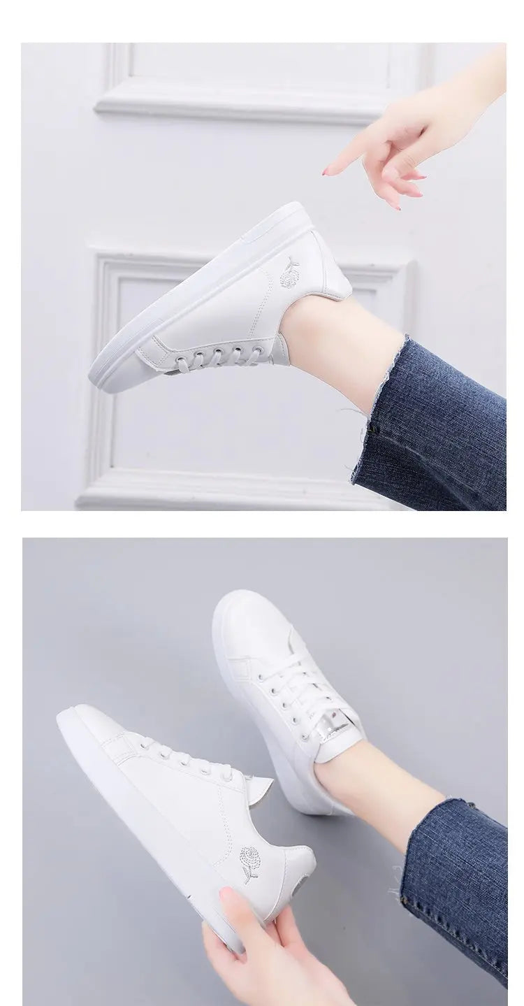 Women Casual Shoes New Spring Fashion Embroidered White Breathable Flower Lace-Up Sneakers 2023