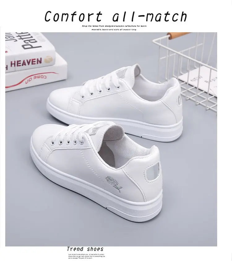 Women Casual Shoes New Spring Fashion Embroidered White Breathable Flower Lace-Up Sneakers 2023