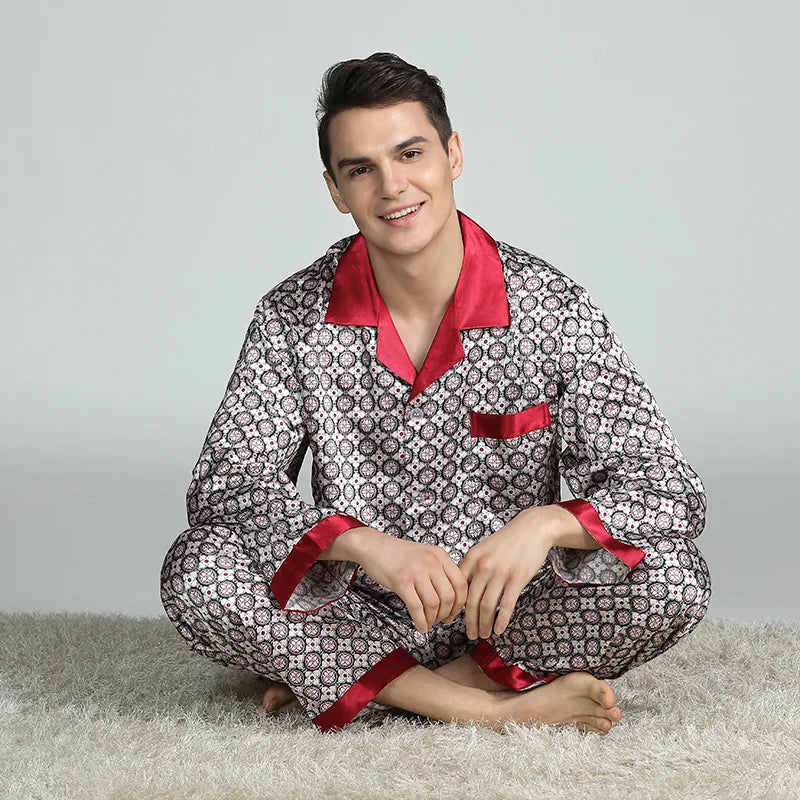 Pijamale bărbați 2 buc. Set de lenjerie de dormit primăvară toamnă pantaloni cu mâneci lungi costum pijama largi imprimeu satin de mătase îmbrăcăminte de lounge