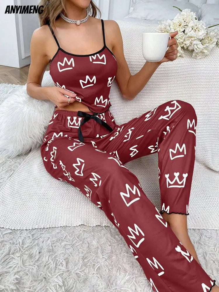 Pijamale din mătase moale, lapte, ocazional, pentru femeie, sexy, cu imprimare de coroană, pentru femei, pijama cu picioare largi, set de pijamale la modă pentru fete