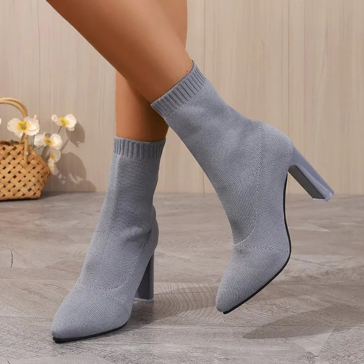 Women Boots Elastic High Heels Boots Breathable Thin Heels Botas Mujer Slip on Ankle Boots Elegant Woman Heeled Shoes D214