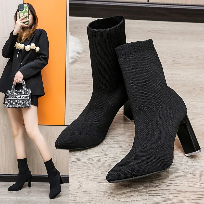Women Boots Elastic High Heels Boots Breathable Thin Heels Botas Mujer Slip on Ankle Boots Elegant Woman Heeled Shoes D214