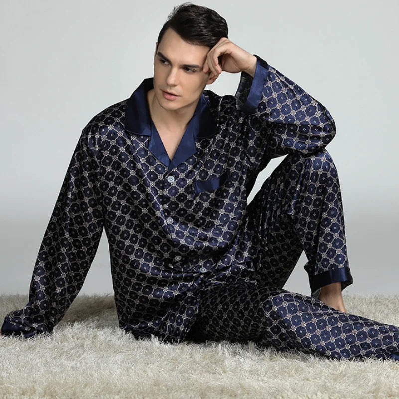 Pijamale bărbați 2 buc. Set de lenjerie de dormit primăvară toamnă pantaloni cu mâneci lungi costum pijama largi imprimeu satin de mătase îmbrăcăminte de lounge