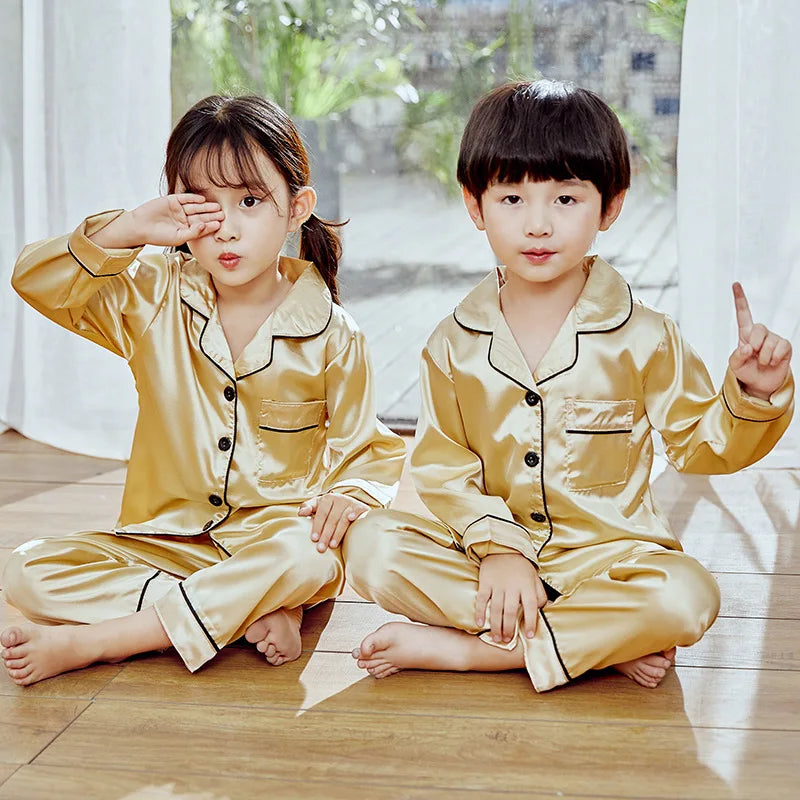 Set de pijamale din satin de mătase pentru copii, pijama pentru copii, pijama de culoare solidă, costum pentru băieți, fete, set de somn pentru toamnă pentru copii