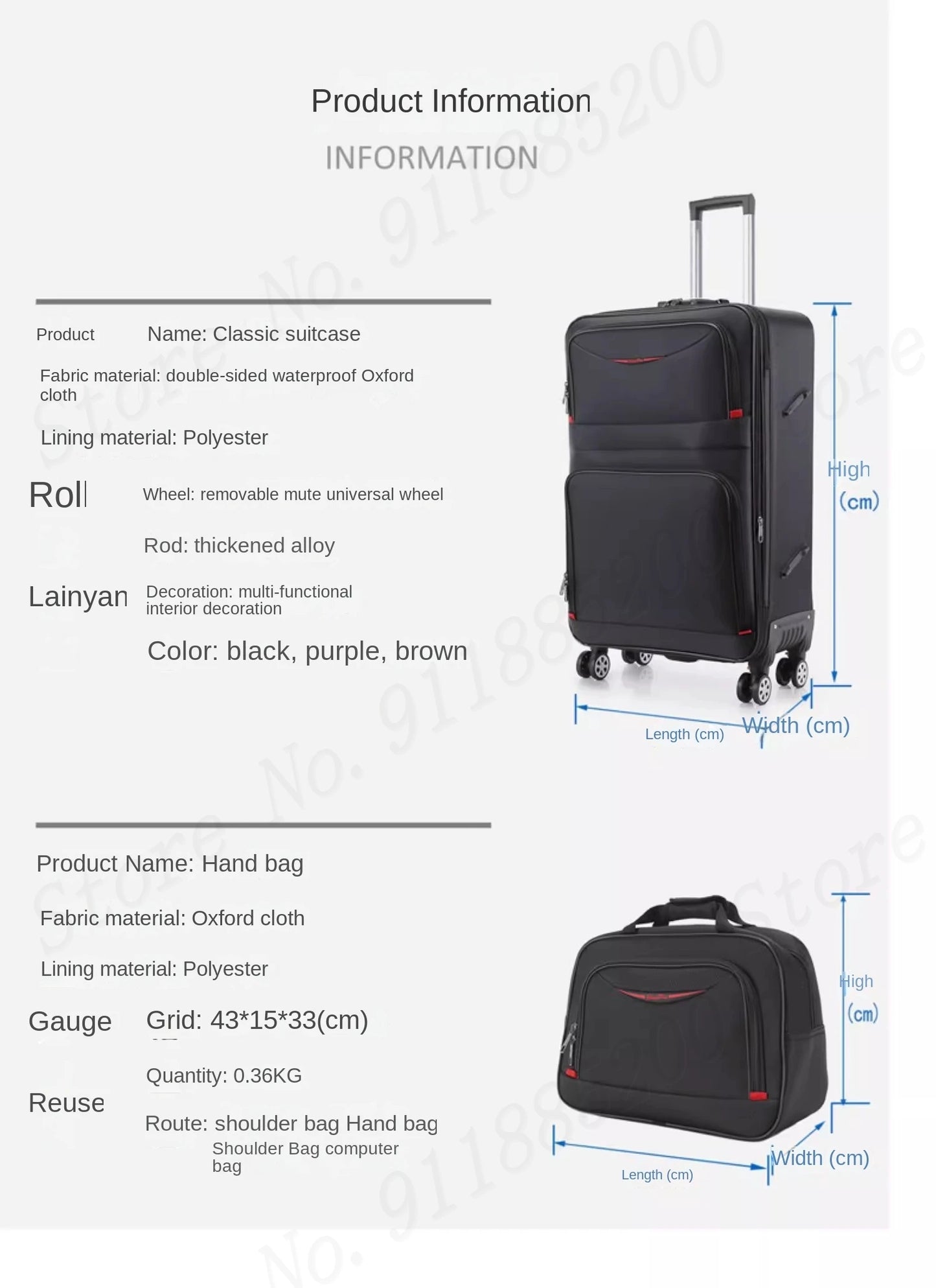 Set de troler de mare capacitate, carucior pentru studenti, rezistent la apa, roata detasabila, stofa Oxford, valiza de cabina cu blocare cu combinatie