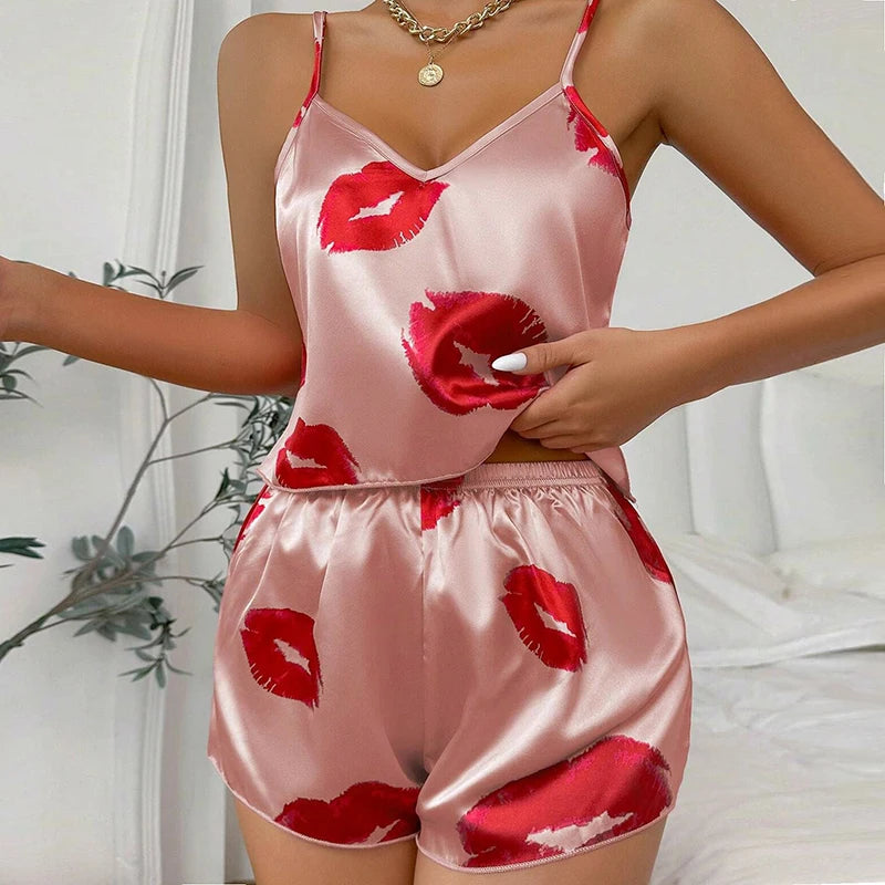 Pijama Satin Mătase Dantela Cami Vest Pantaloni scurți Lenjerie Set pijamale Vară Femei Seturi Pijamale Set două piese Pijama pentru femei