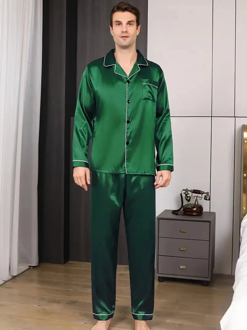 Set de pijamale pentru bărbați, din satin de mătase, cămașă cu mânecă lungă, pijama pentru bărbați, costum moale, pentru acasă, mărime mare, pentru dormit