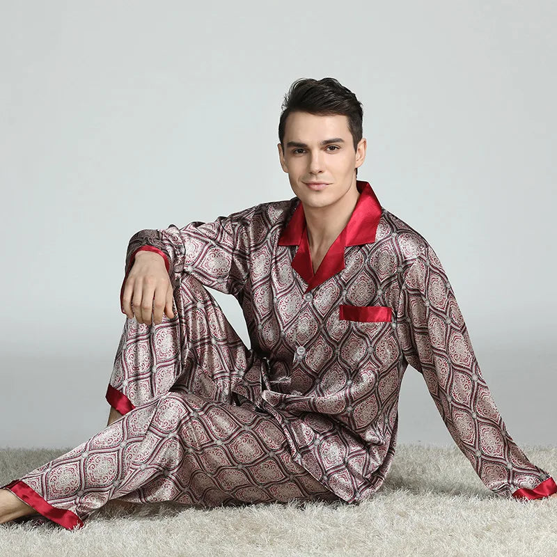 Pijamale bărbați 2 buc. Set de lenjerie de dormit primăvară toamnă pantaloni cu mâneci lungi costum pijama largi imprimeu satin de mătase îmbrăcăminte de lounge