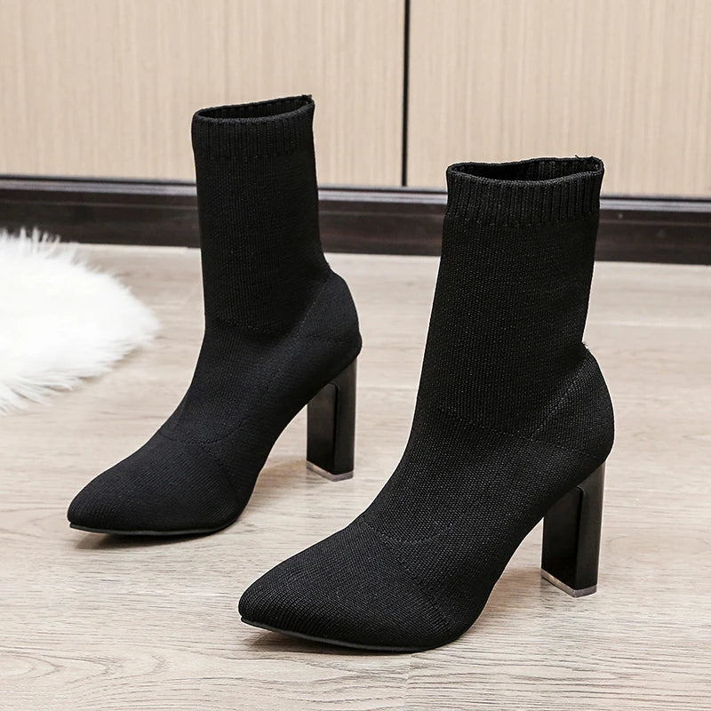 Women Boots Elastic High Heels Boots Breathable Thin Heels Botas Mujer Slip on Ankle Boots Elegant Woman Heeled Shoes D214