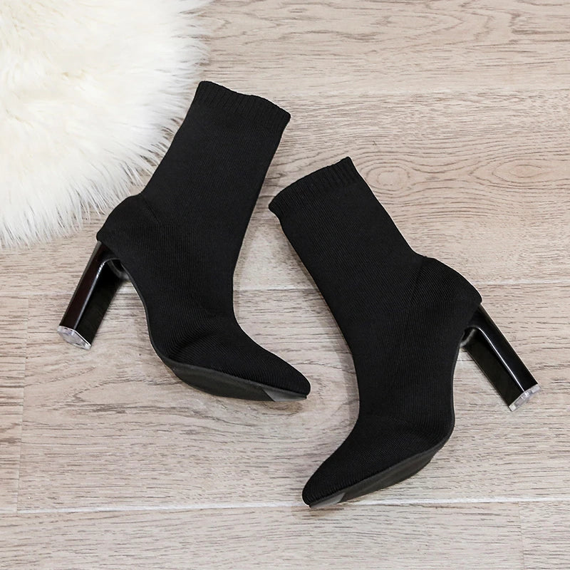 Women Boots Elastic High Heels Boots Breathable Thin Heels Botas Mujer Slip on Ankle Boots Elegant Woman Heeled Shoes D214