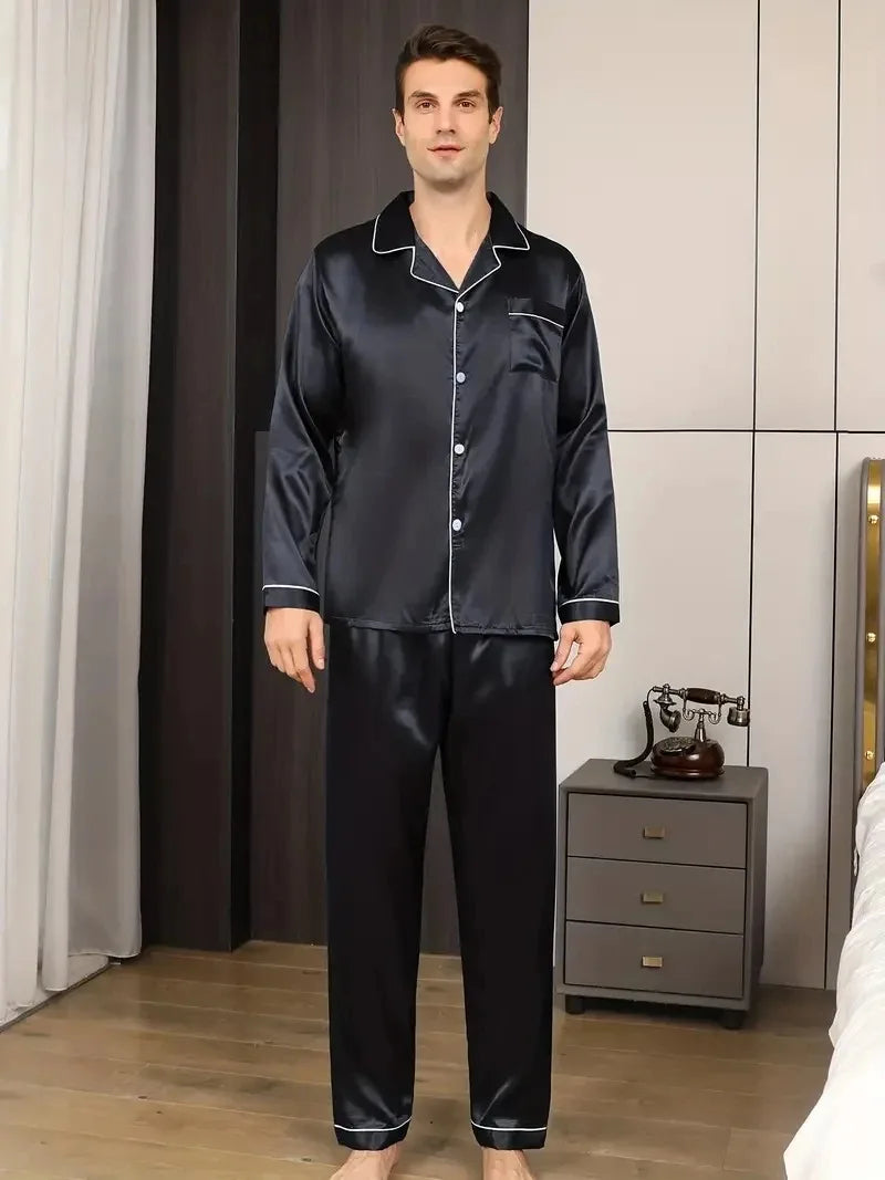 Set de pijamale pentru bărbați, din satin de mătase, cămașă cu mânecă lungă, pijama pentru bărbați, costum moale, pentru acasă, mărime mare, pentru dormit