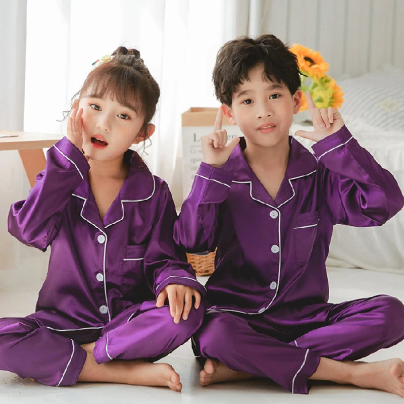 Set de pijamale din satin de mătase pentru copii, pijama pentru copii, pijama de culoare solidă, costum pentru băieți, fete, set de somn pentru toamnă pentru copii