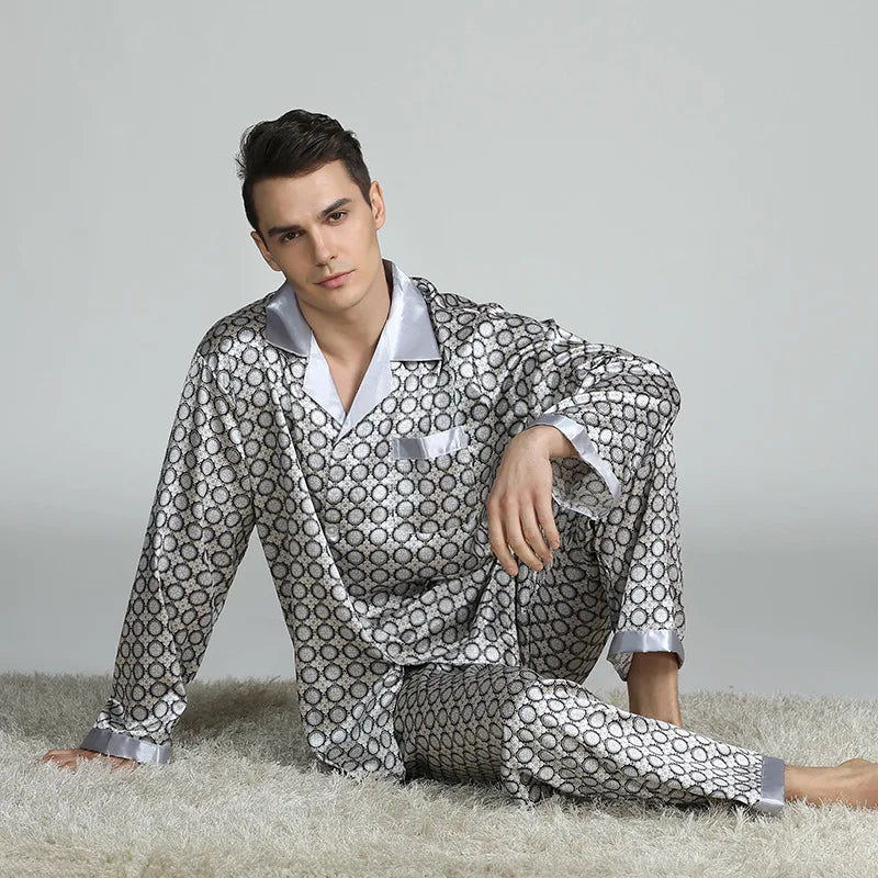 Pijamale bărbați 2 buc. Set de lenjerie de dormit primăvară toamnă pantaloni cu mâneci lungi costum pijama largi imprimeu satin de mătase îmbrăcăminte de lounge