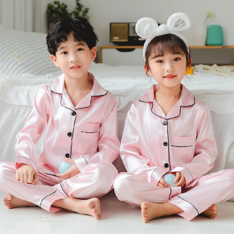Set de pijamale din satin de mătase pentru copii, pijama pentru copii, pijama de culoare solidă, costum pentru băieți, fete, set de somn pentru toamnă pentru copii