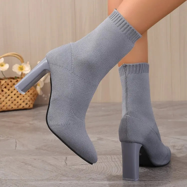 Women Boots Elastic High Heels Boots Breathable Thin Heels Botas Mujer Slip on Ankle Boots Elegant Woman Heeled Shoes D214