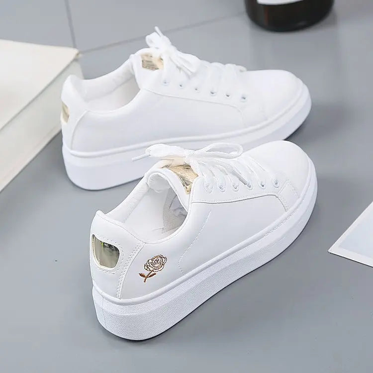 Women Casual Shoes New Spring Fashion Embroidered White Breathable Flower Lace-Up Sneakers 2023