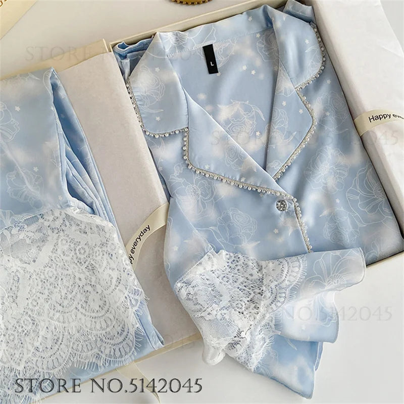 Pijamale de lux din satin de mătase pentru femei Set de 2 bucăți Set de dantelă de mărgele de modă Îmbrăcăminte pentru acasă Costume de pantaloni de primăvară Nouă îmbrăcăminte de salon liber