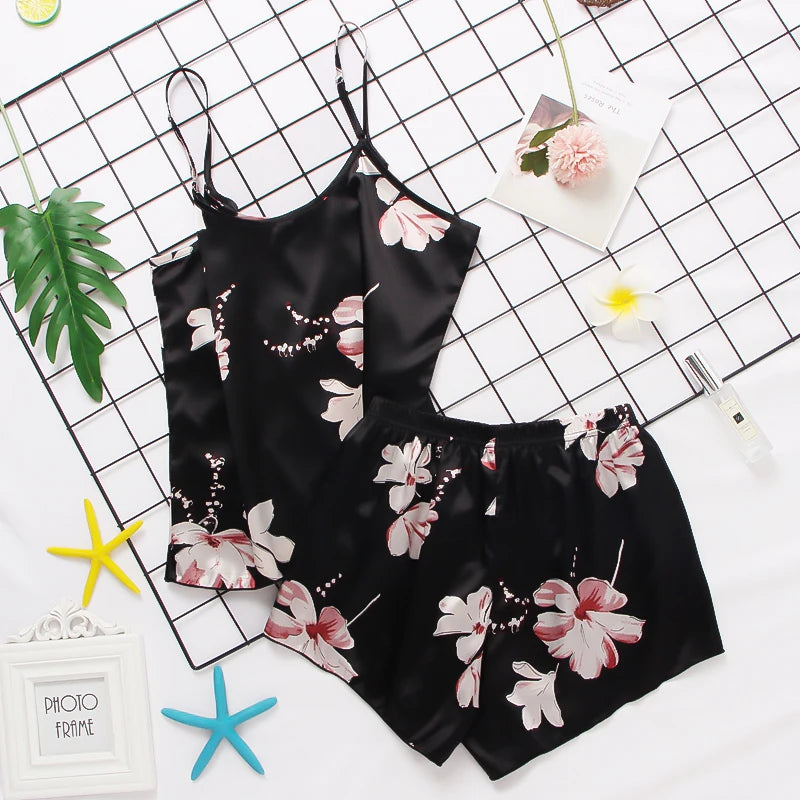 Pijama Satin Mătase Dantela Cami Vest Pantaloni scurți Lenjerie Set pijamale Vară Femei Seturi Pijamale Set două piese Pijama pentru femei