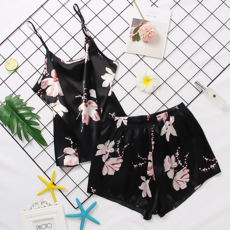 Pijama Satin Mătase Dantela Cami Vest Pantaloni scurți Lenjerie Set pijamale Vară Femei Seturi Pijamale Set două piese Pijama pentru femei