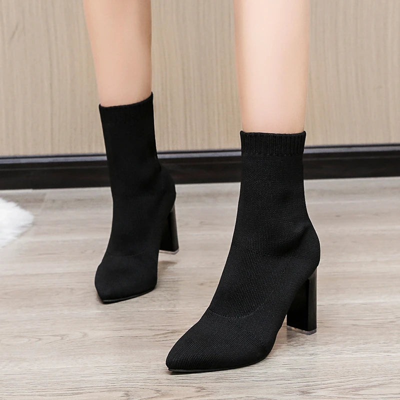 Women Boots Elastic High Heels Boots Breathable Thin Heels Botas Mujer Slip on Ankle Boots Elegant Woman Heeled Shoes D214
