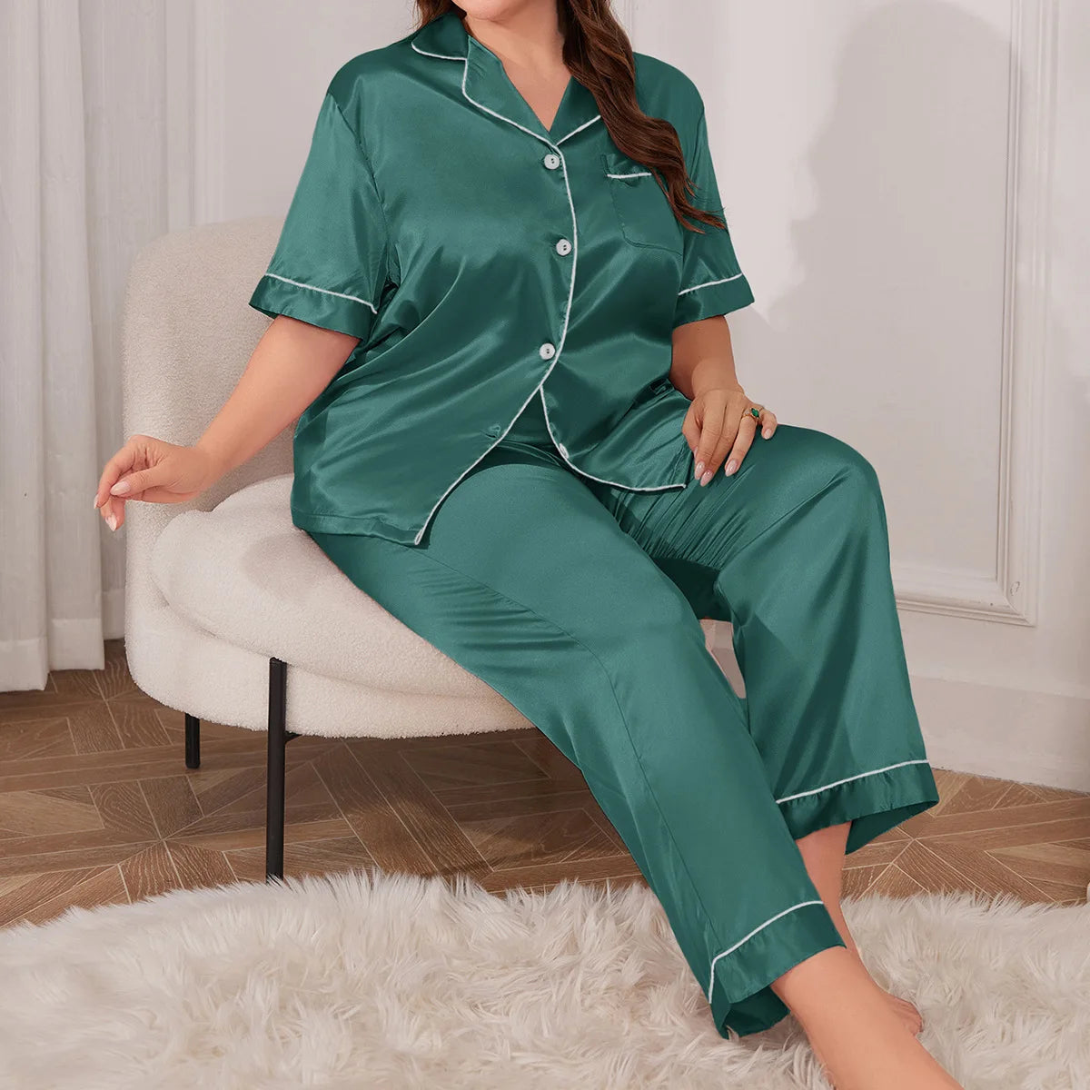 Set pijamale pentru femeie de marime mari, primavara vara, satin de matase, pijama, pantaloni, costum, lejer, 2 buc. cămașă și pantaloni, îmbrăcăminte pentru acasă