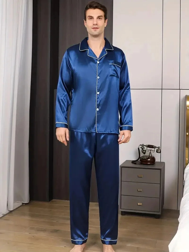 Set de pijamale pentru bărbați, din satin de mătase, cămașă cu mânecă lungă, pijama pentru bărbați, costum moale, pentru acasă, mărime mare, pentru dormit